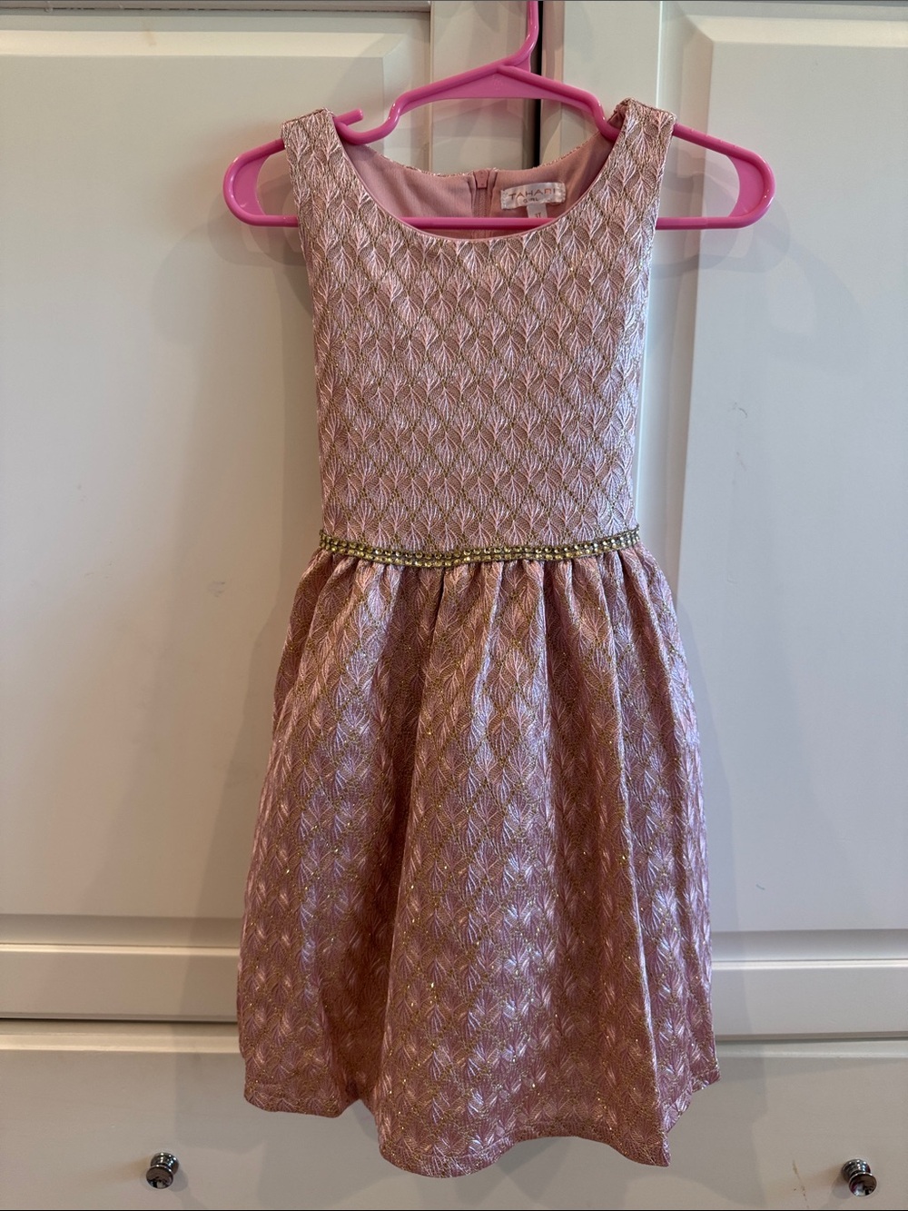 Girls' Pink Metallic Textured Party Dress with Gold Trim